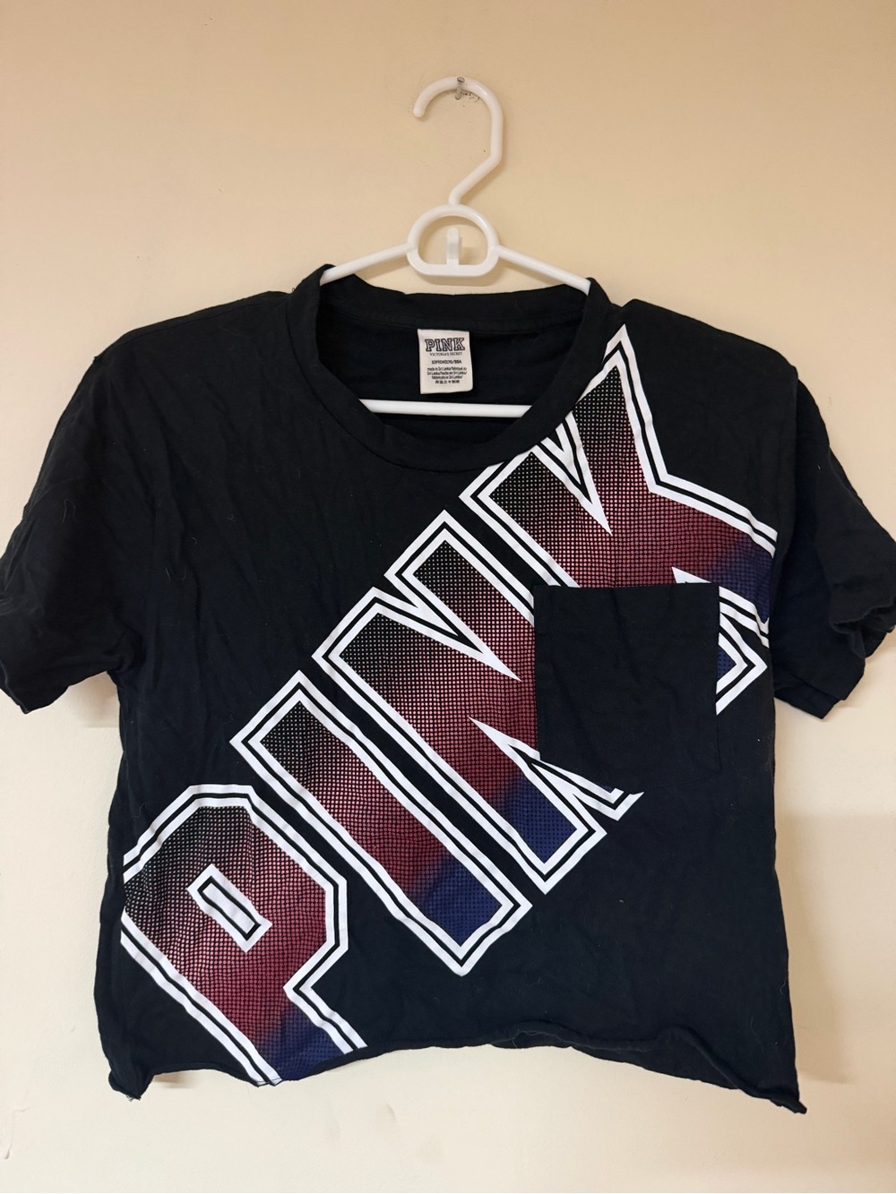 PINK Victoria's Secret Black Graphic Pocket Tee - Black with Red/Blue Print